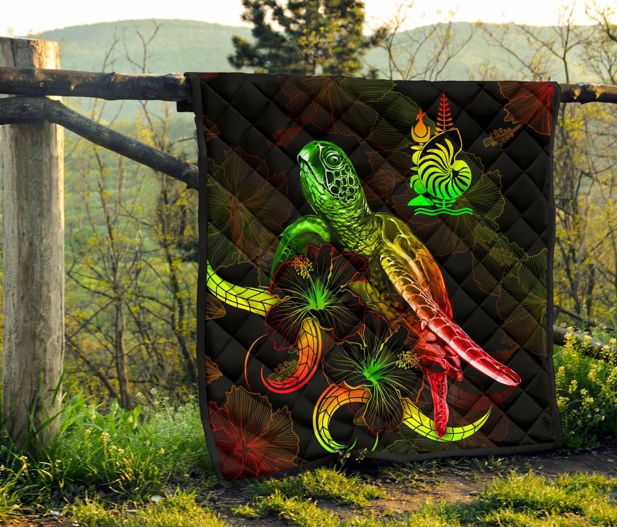 New Caledonia Polynesian Premium Quilt - Turtle With Blooming Hibiscus Reggae