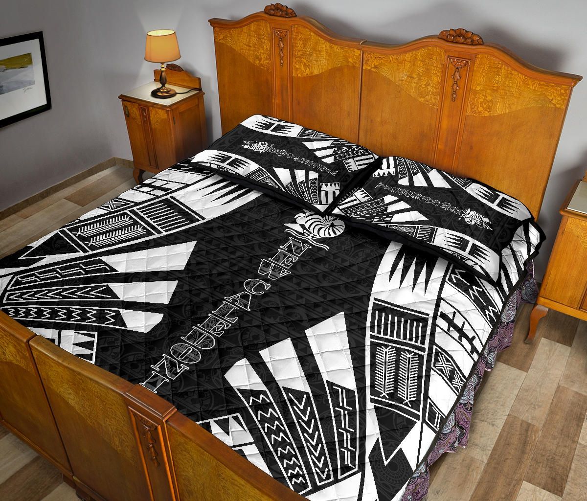 New Caledonia Quilt Bed Set - New Caledonia Coat Of Arms & Polynesian White Tattoo Style