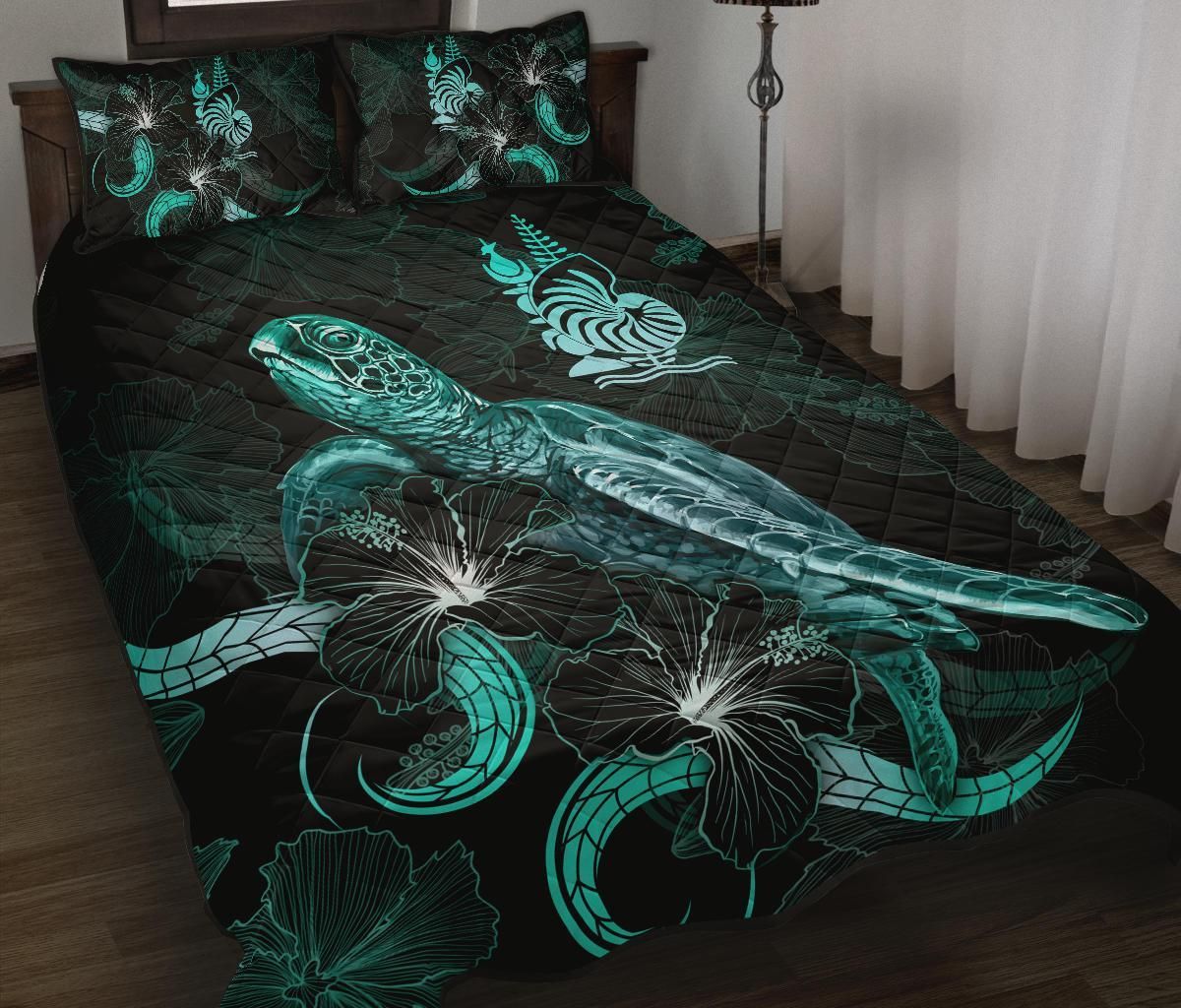 New Caledonia Polynesian Quilt Bed Set - Turtle With Blooming Hibiscus Turquoise
