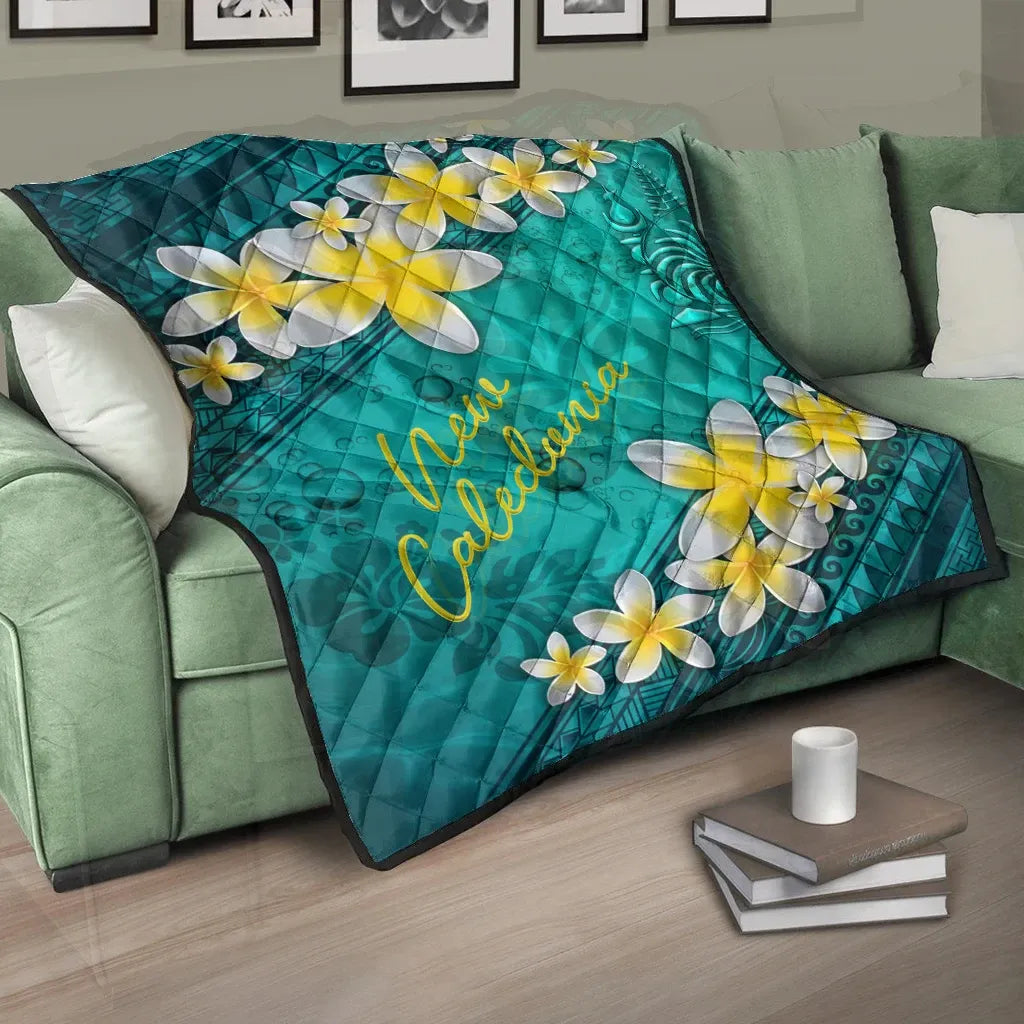 New Caledonia Polynesian Quilt - Plumeria With Blue Ocean