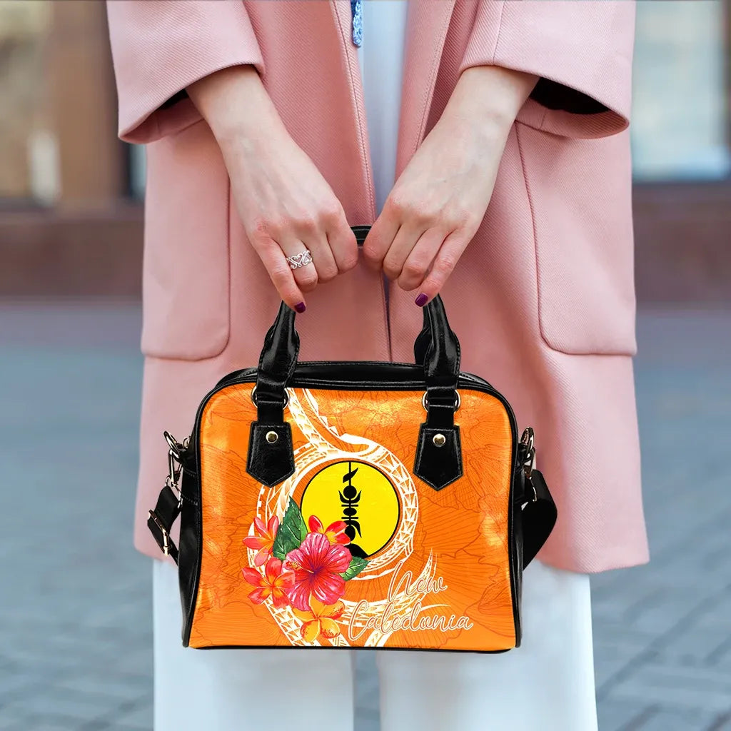 New Caledonia Polynesian Shoulder Handbag - Orange Floral With Seal