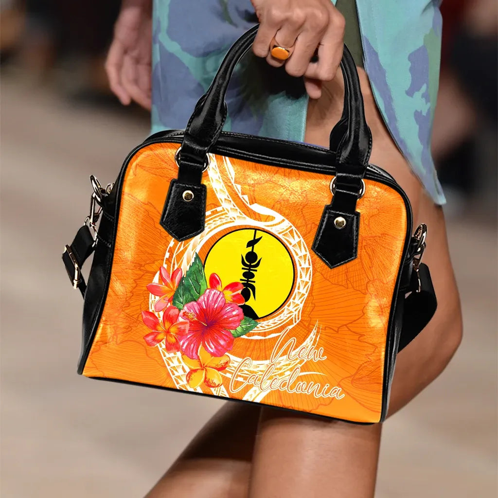 New Caledonia Polynesian Shoulder Handbag - Orange Floral With Seal