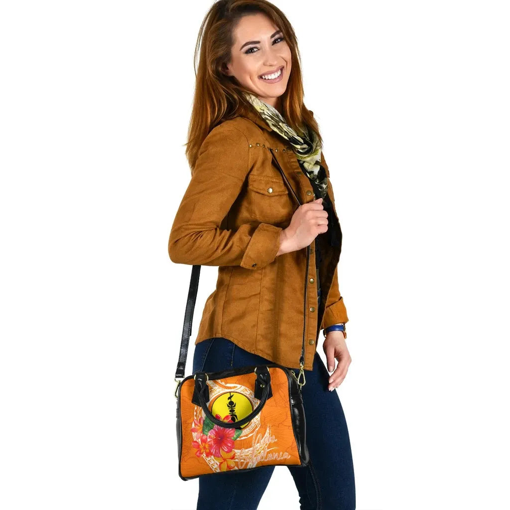New Caledonia Polynesian Shoulder Handbag - Orange Floral With Seal