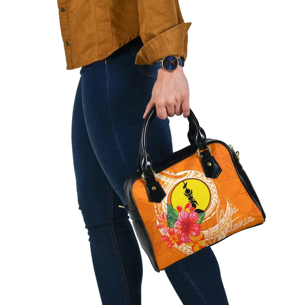 New Caledonia Polynesian Shoulder Handbag - Orange Floral With Seal