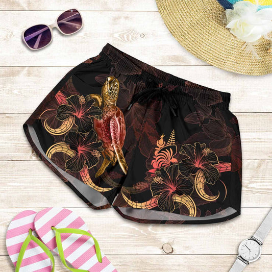 New Caledonia Polynesian Women Shorts - Turtle With Blooming Hibiscus Gold