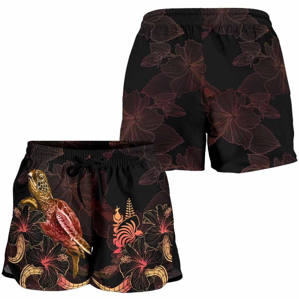 New Caledonia Polynesian Women Shorts - Turtle With Blooming Hibiscus Gold