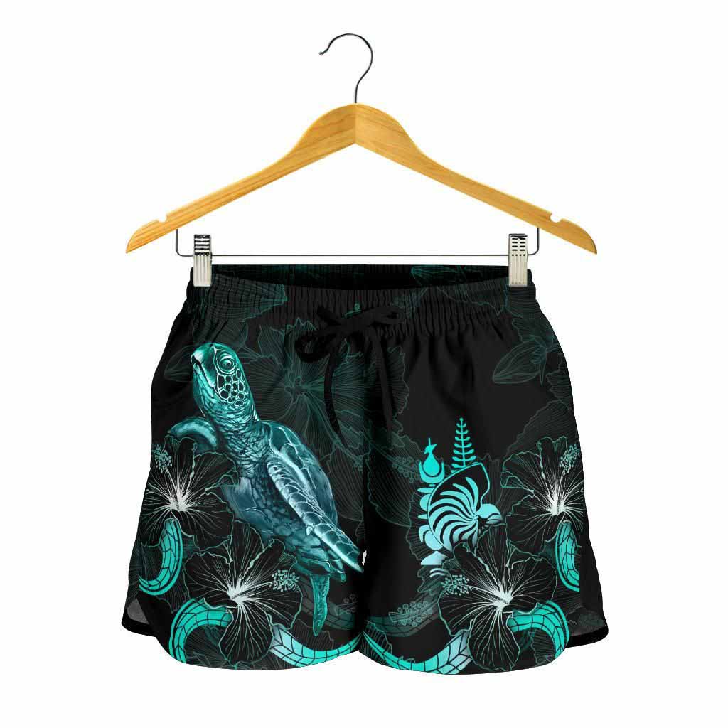 New Caledonia Polynesian Women Shorts - Turtle With Blooming Hibiscus Turquoise