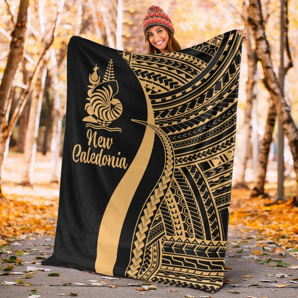 New Caledonia Premium Blanket - Gold Polynesian Tentacle Tribal Pattern Crest