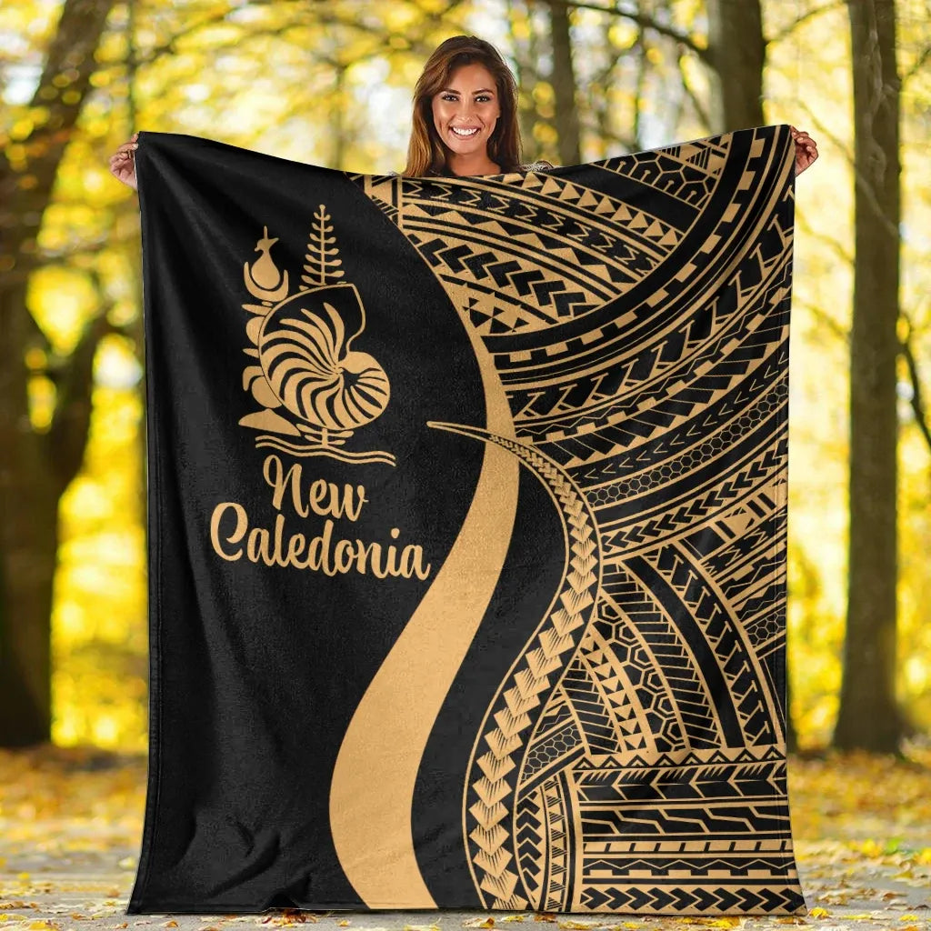 New Caledonia Premium Blanket - Gold Polynesian Tentacle Tribal Pattern Crest