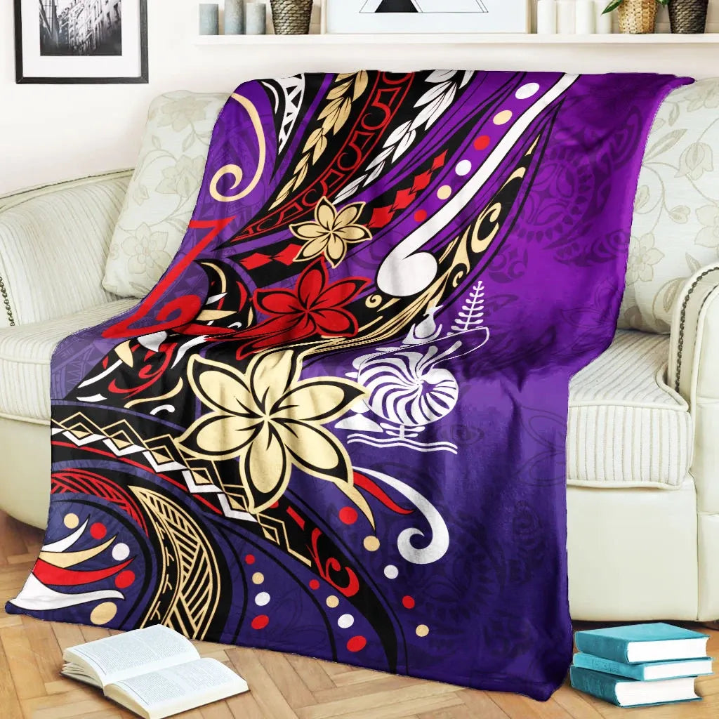New Caledonia Premium Blanket - Tribal Flower With Special Turtles Purple Color