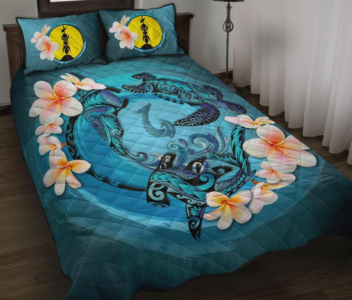 New Caledonia Polynesian Quilt Bed Set - Blue Plumeria Animal Tattoo