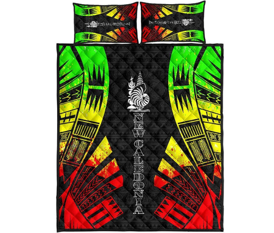 New Caledonia Quilt Bed Set - New Caledonia Coat Of Arms & Polynesian Reggae Tattoo Style
