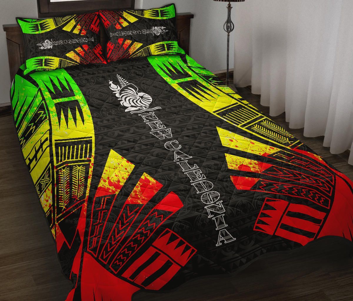 New Caledonia Quilt Bed Set - New Caledonia Coat Of Arms & Polynesian Reggae Tattoo Style