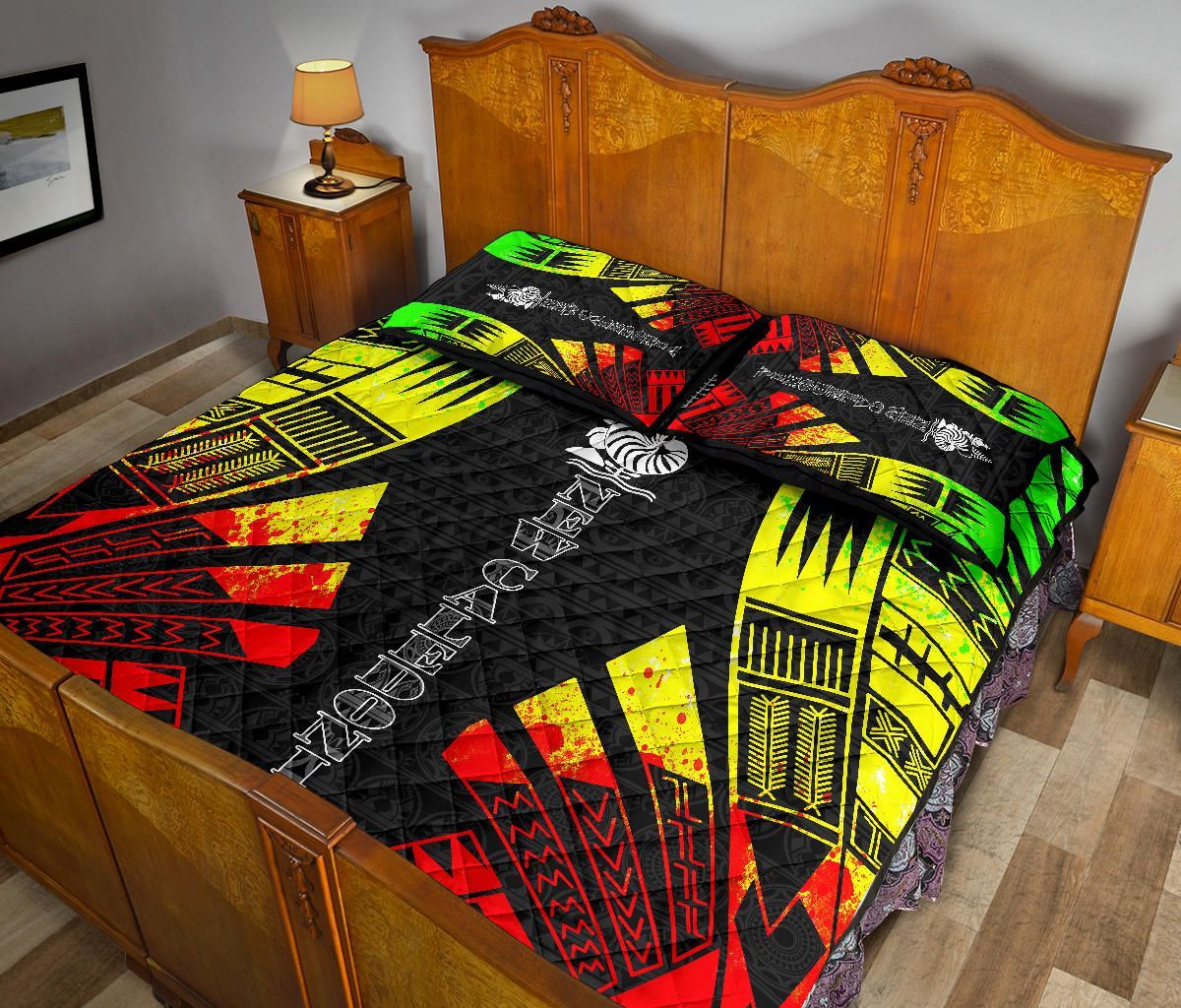 New Caledonia Quilt Bed Set - New Caledonia Coat Of Arms & Polynesian Reggae Tattoo Style