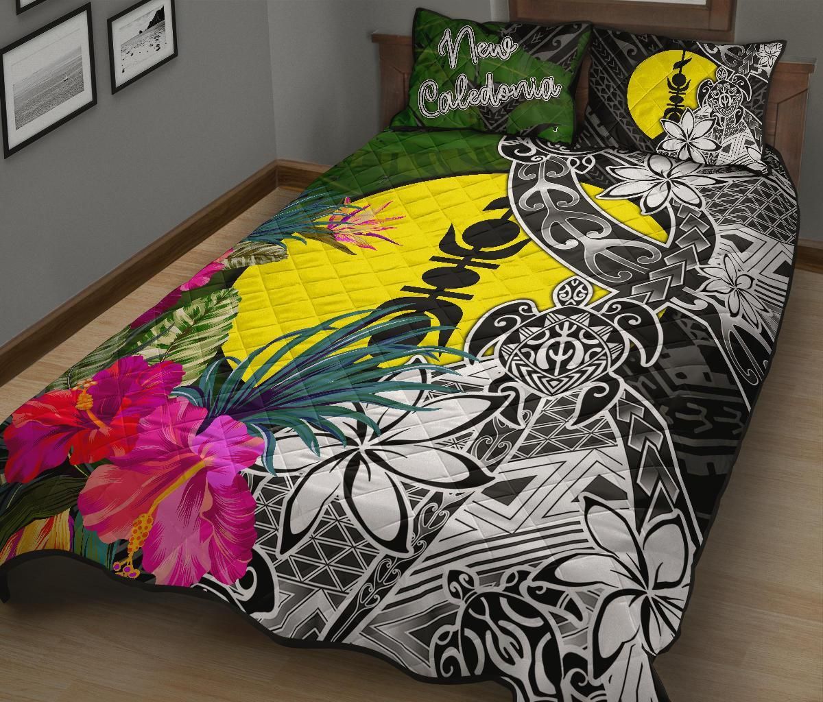 New Caledonia Quilt Bed Set - Turtle Plumeria Banana Leaf