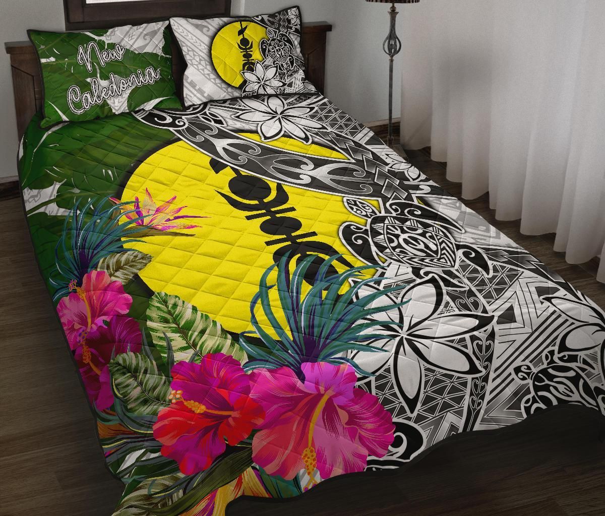 New Caledonia Quilt Bed Set White - Turtle Plumeria Banana Leaf