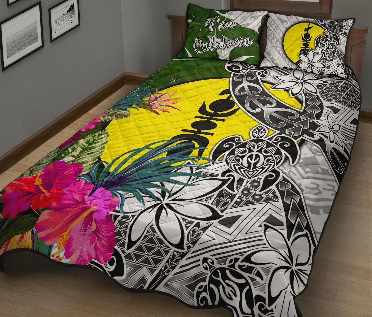 New Caledonia Quilt Bed Set White - Turtle Plumeria Banana Leaf