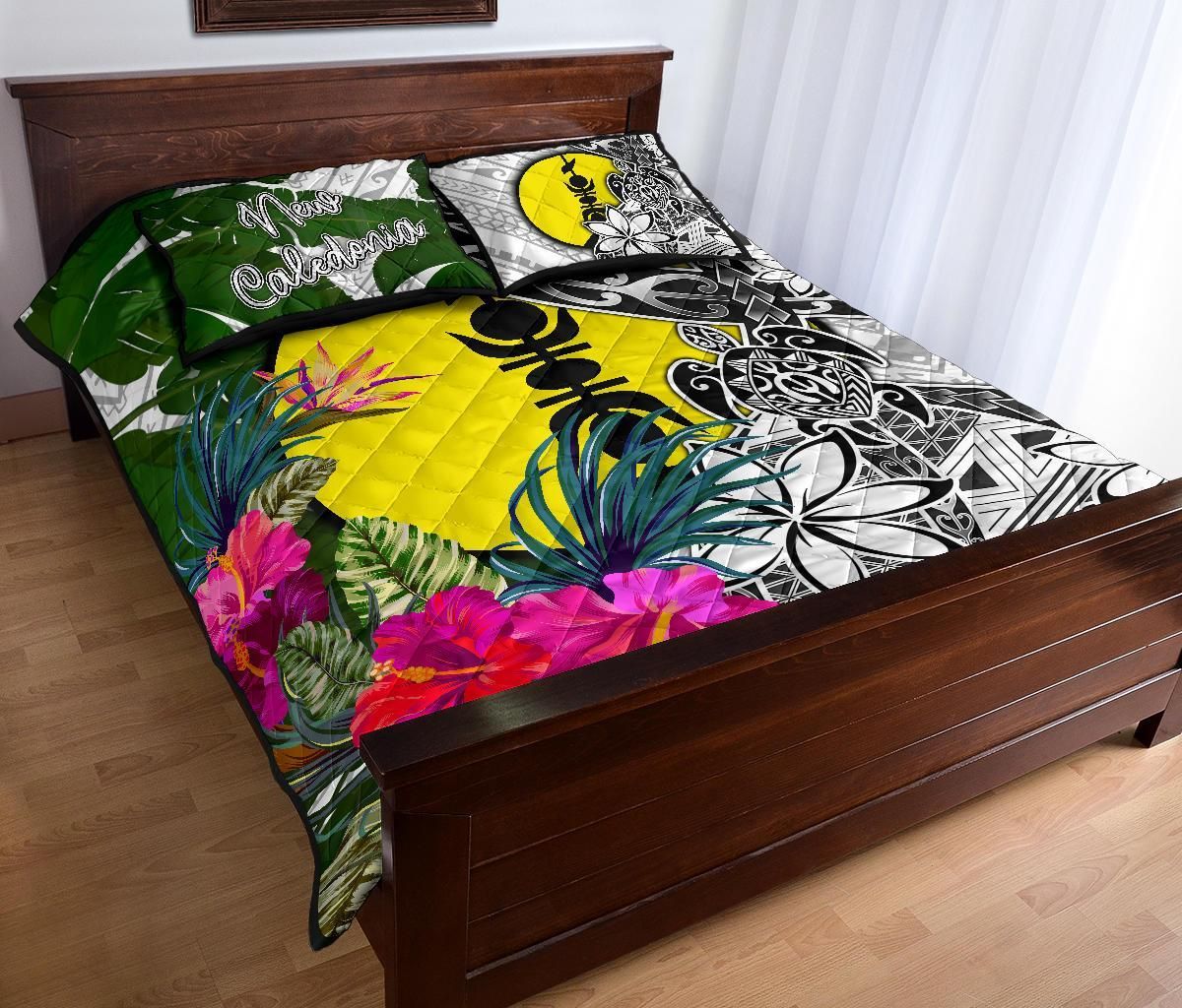 New Caledonia Quilt Bed Set White - Turtle Plumeria Banana Leaf