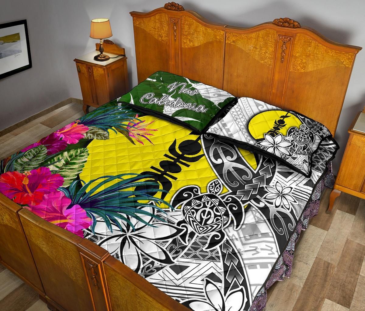New Caledonia Quilt Bed Set White - Turtle Plumeria Banana Leaf