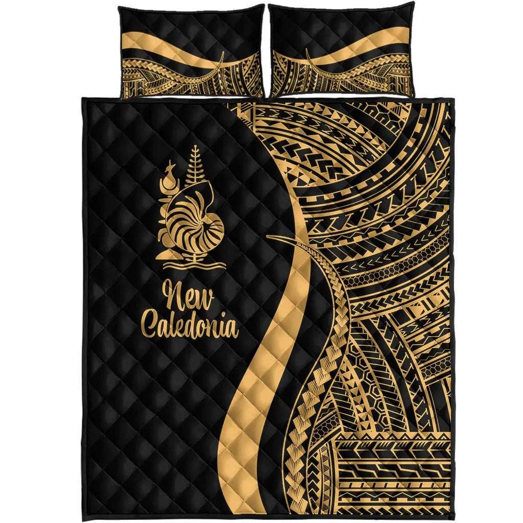 New Caledonia Quilt Bed Set - Gold Polynesian Tentacle Tribal Pattern