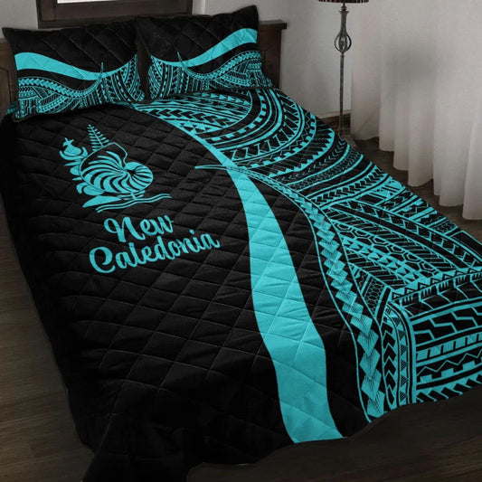 New Caledonia Quilt Bed Set - Turquoise Polynesian Tentacle Tribal Pattern