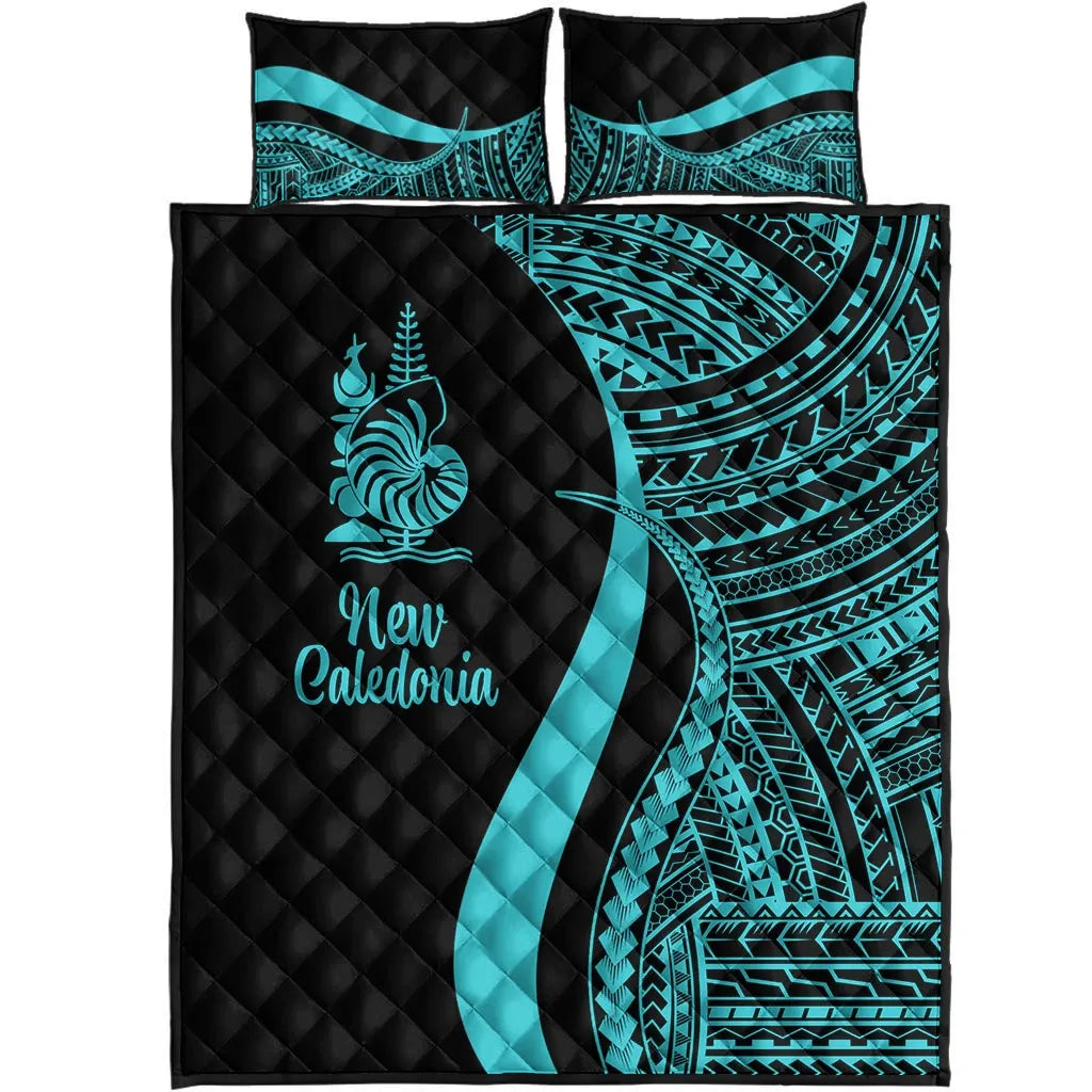 New Caledonia Quilt Bed Set - Turquoise Polynesian Tentacle Tribal Pattern