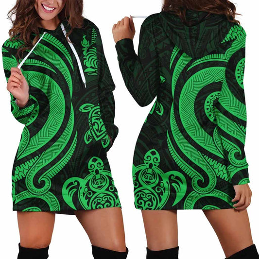 New Caledonia Female Hoodie Dress - Green Tentacle Turtle