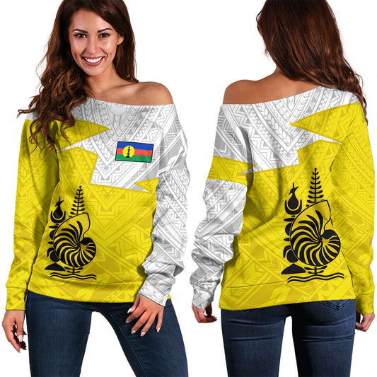 New Caledonia Off Shoulder Sweatshirt Polynesian Tattoo Flag And Coat Of Arms