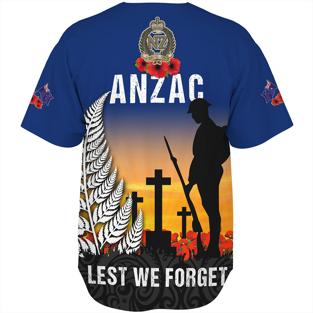 New Zealand Baseball Shirt Anzac Army And Maori Silver Fern Poppy Sunset Style