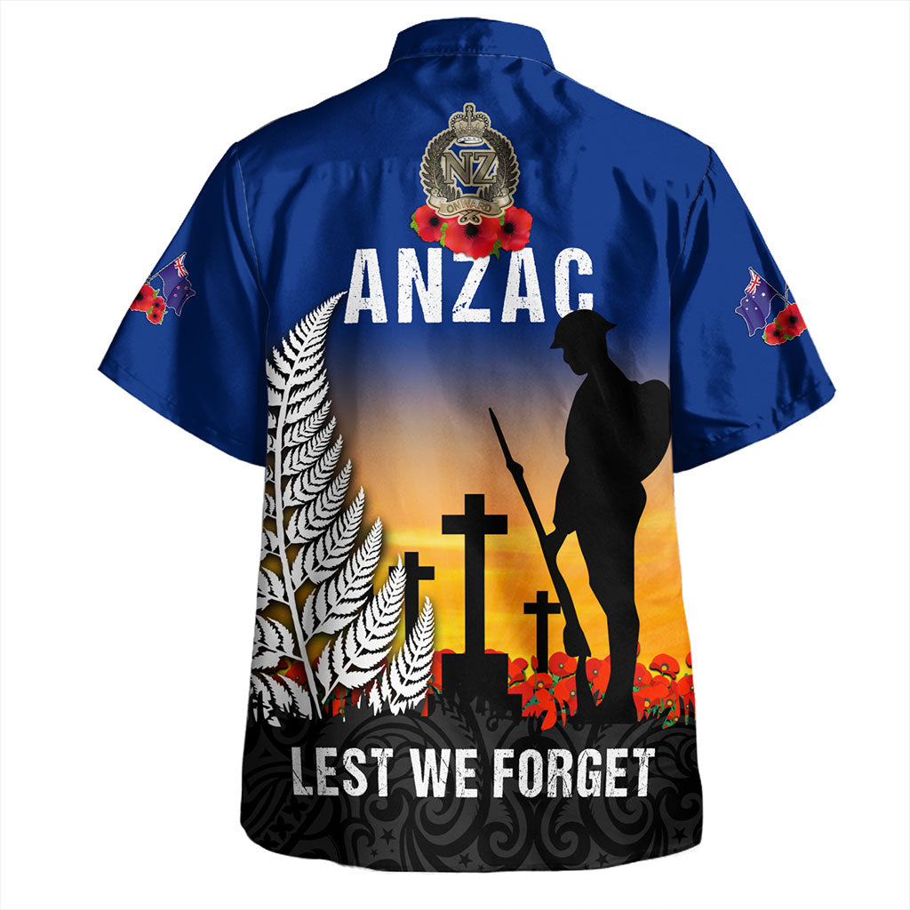 New Zealand Hawaiian Shirt Anzac Army And Maori Silver Fern Poppy Sunset Style