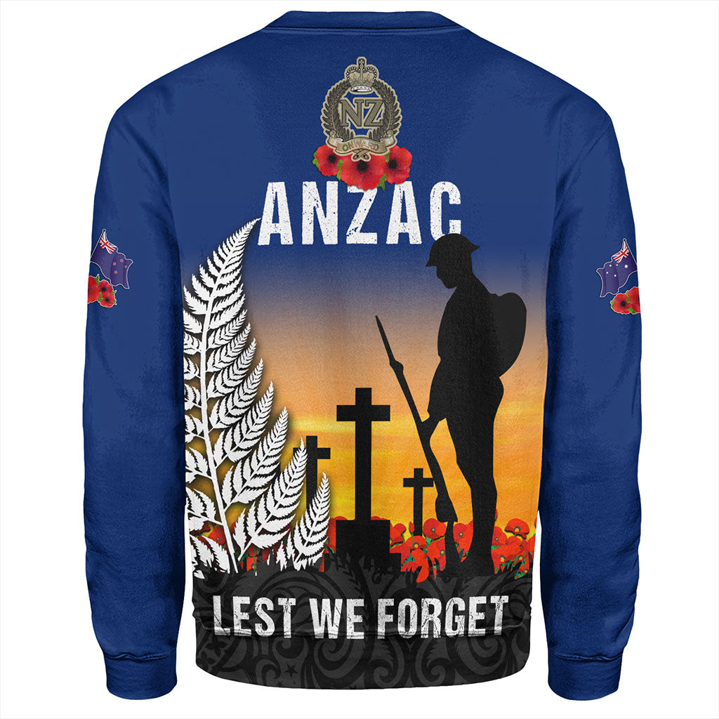 New Zealand Sweatshirt Anzac Army And Maori Silver Fern Poppy Sunset Style