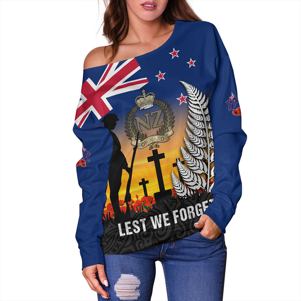 New Zealand Off Shoulder Sweatshirt Anzac Army And Maori Silver Fern Poppy Sunset Style