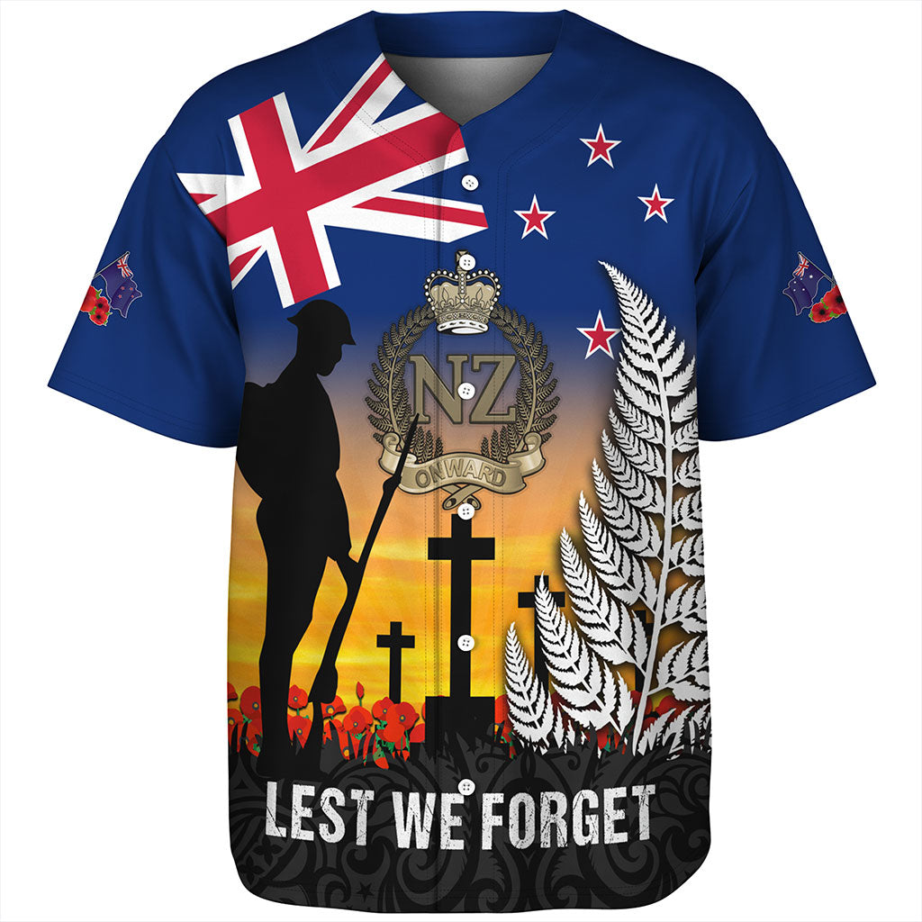 New Zealand Baseball Shirt Anzac Army And Maori Silver Fern Poppy Sunset Style