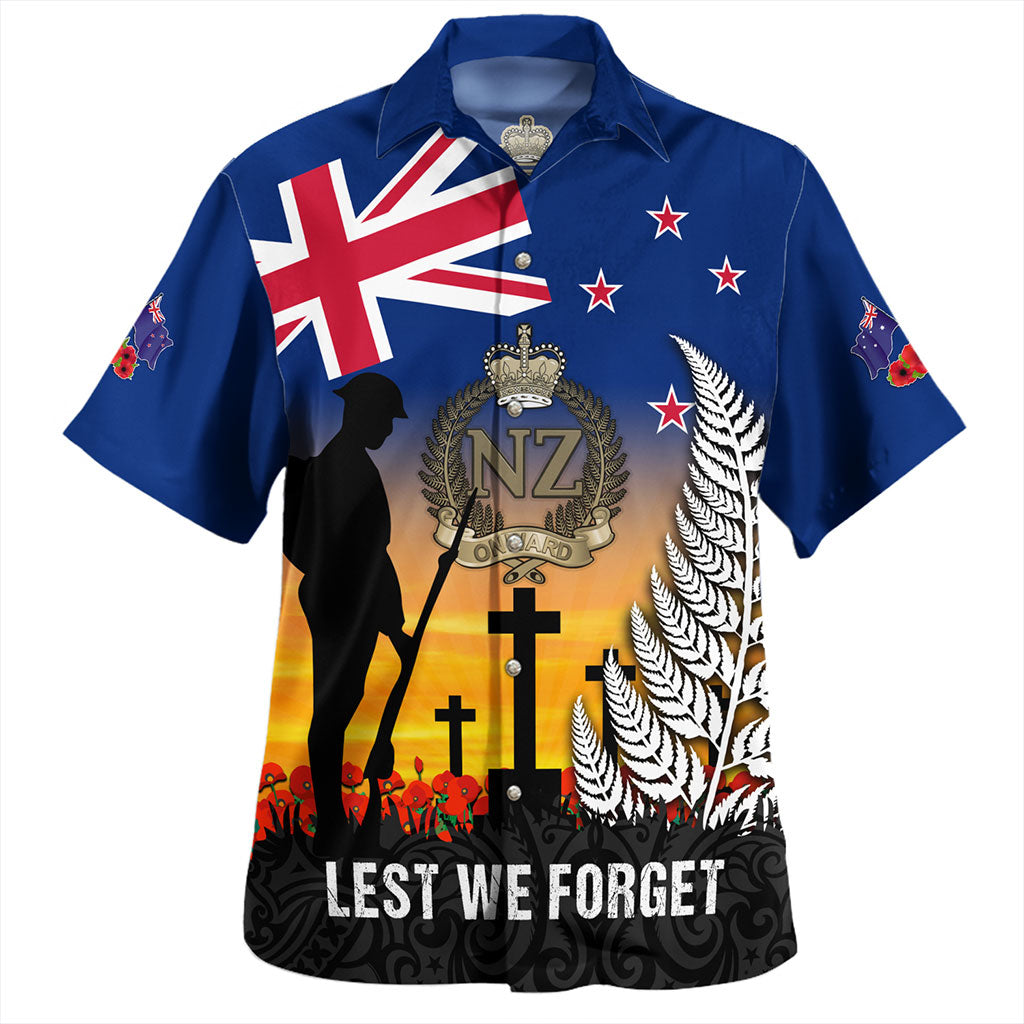 New Zealand Hawaiian Shirt Anzac Army And Maori Silver Fern Poppy Sunset Style