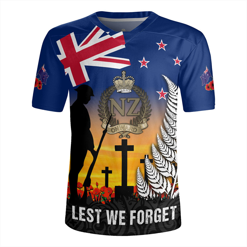 New Zealand Rugby Jersey Anzac Army And Maori Silver Fern Poppy Sunset Style