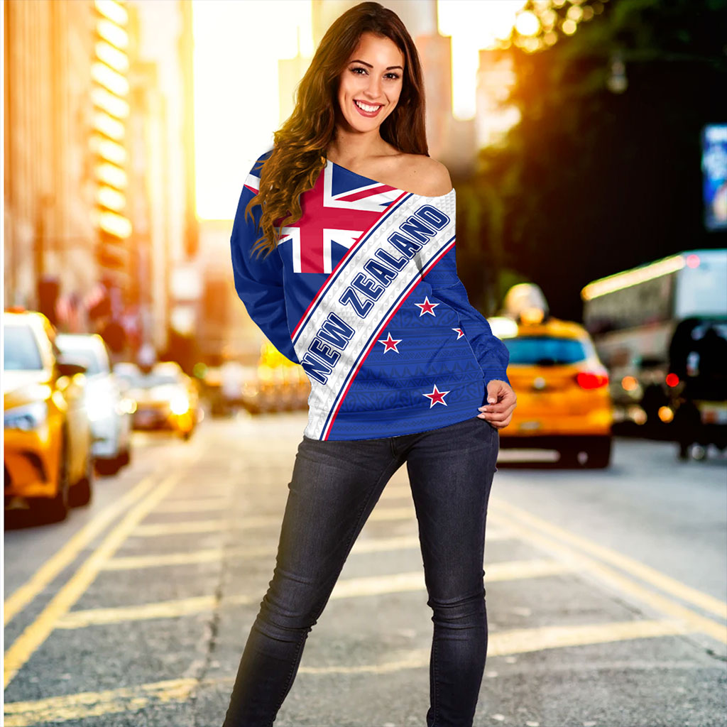 New Zealand Off Shoulder Sweatshirt Maori Tribal Flag Traditional