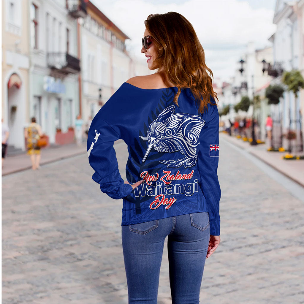 New Zealand Off Shoulder Sweatshirt Waitangi Day Flag Kiwi Bird Style