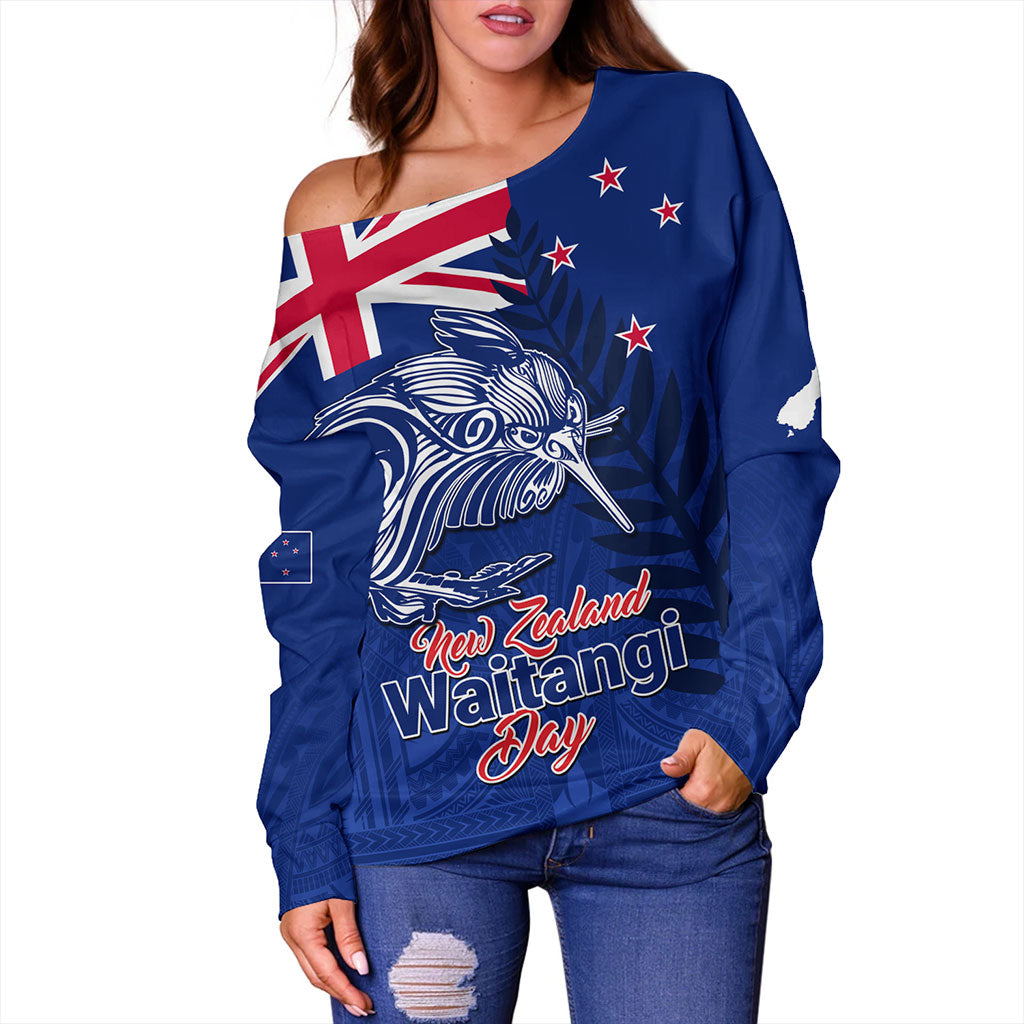 New Zealand Off Shoulder Sweatshirt Waitangi Day Flag Kiwi Bird Style