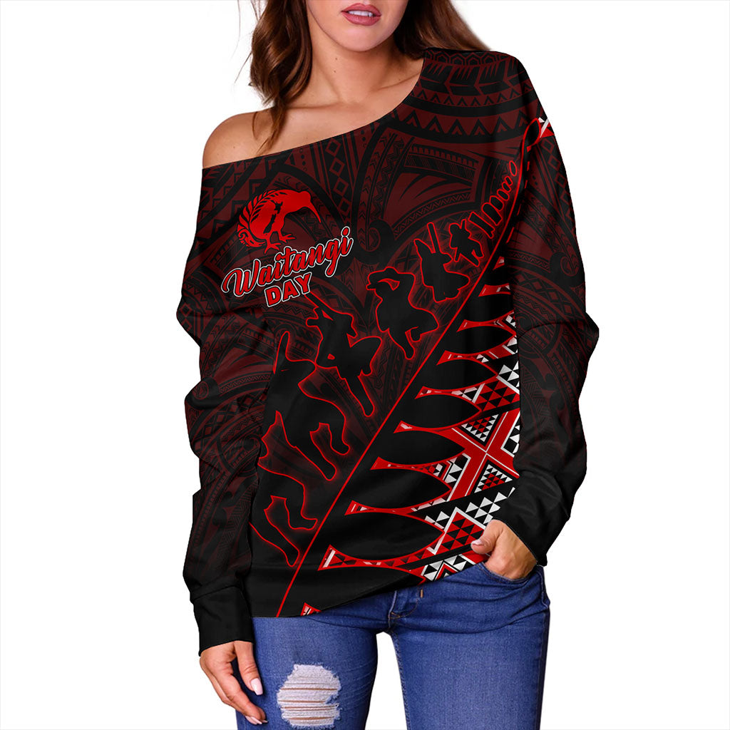 New Zealand Off Shoulder Sweatshirt Maori Tribal Siver Fern Waitangi Day