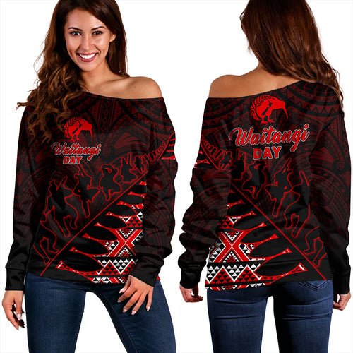 New Zealand Off Shoulder Sweatshirt Maori Tribal Siver Fern Waitangi Day