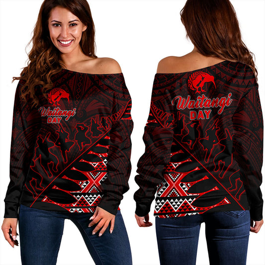 New Zealand Off Shoulder Sweatshirt Maori Tribal Siver Fern Waitangi Day