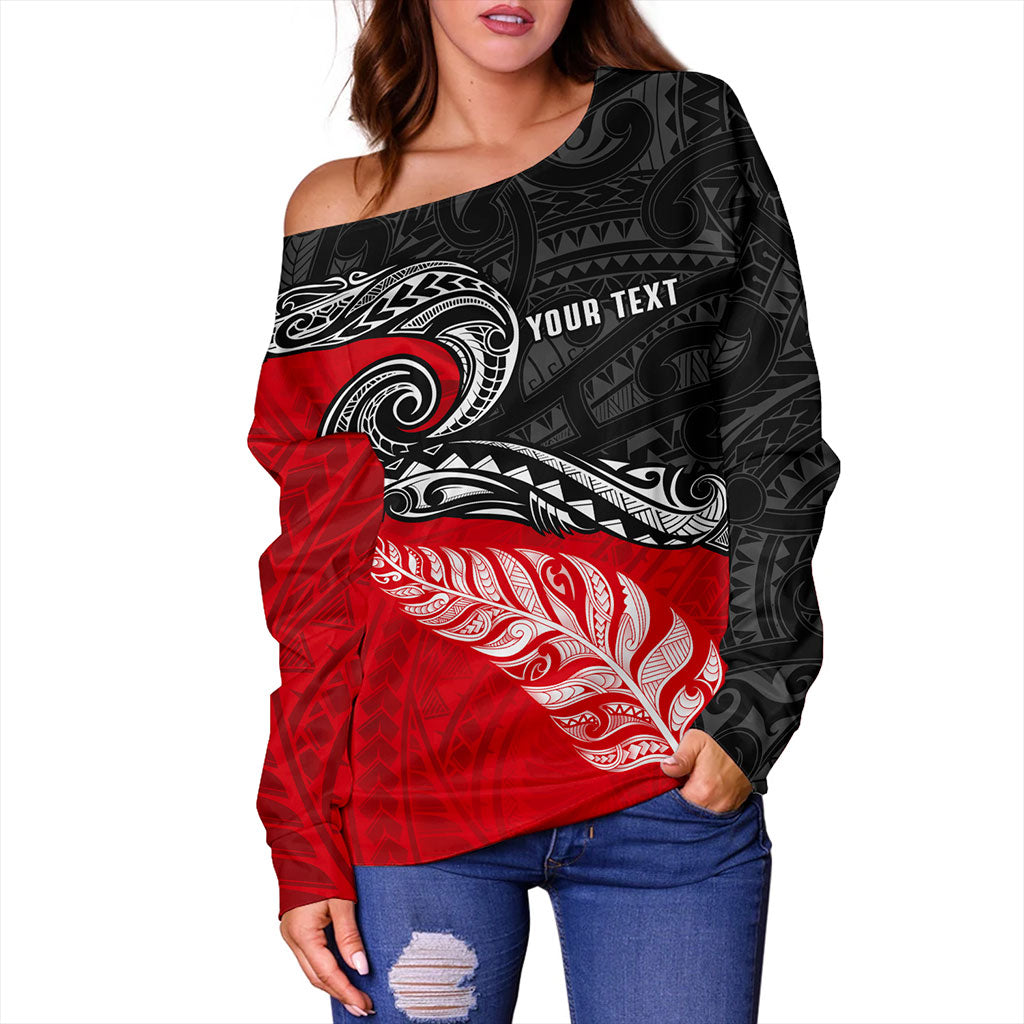 New Zealand Off Shoulder Sweatshirt Maori Tribal Design Flag With Silver Fern