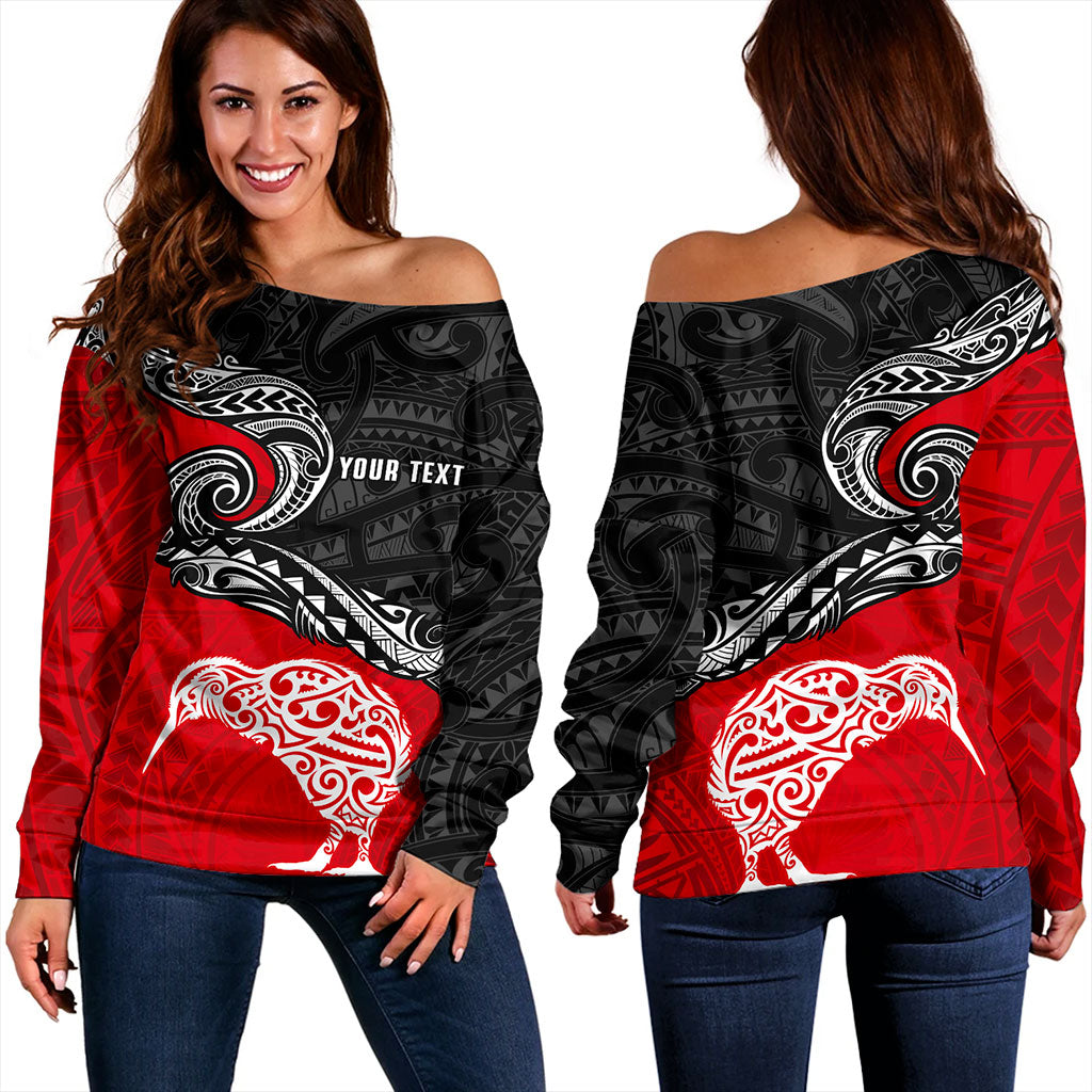 New Zealand Off Shoulder Sweatshirt Maori Tribal Design Flag With Kiwi Bird