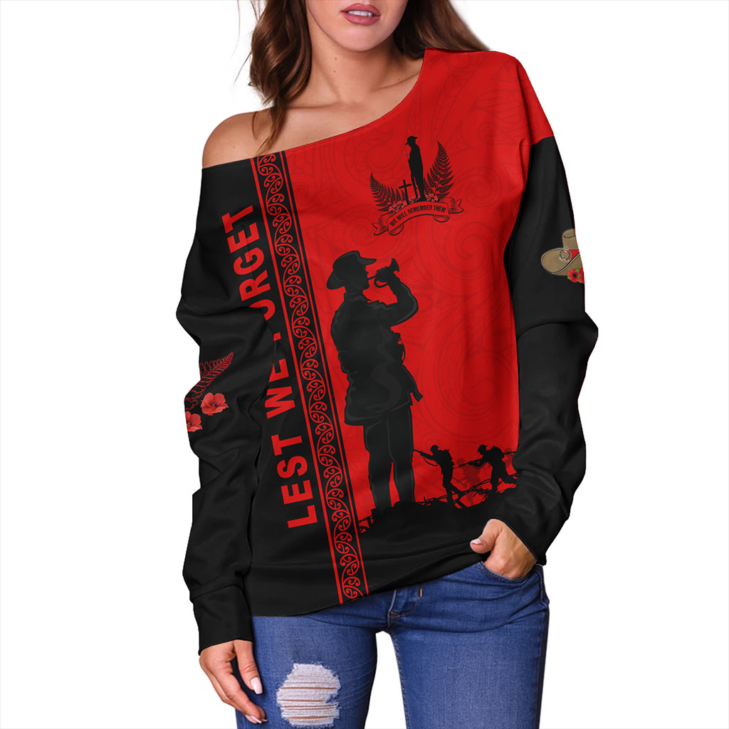 New Zealand Off Shoulder Sweatshirt Lest We Forget Maori Tattoo