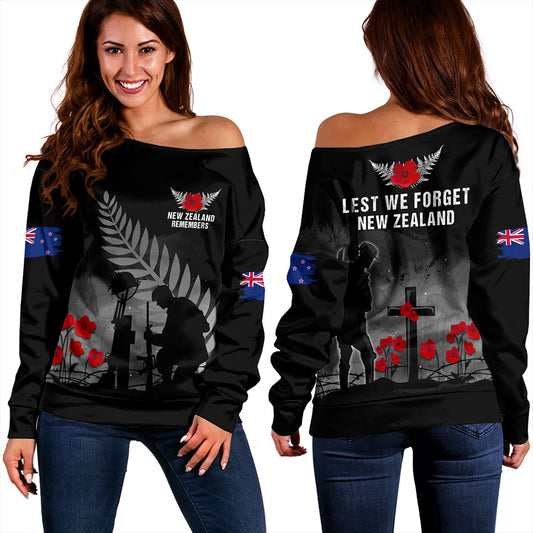 New Zealand Off Shoulder Sweatshirt Maori Silver Fern Poppy Flower Remembers