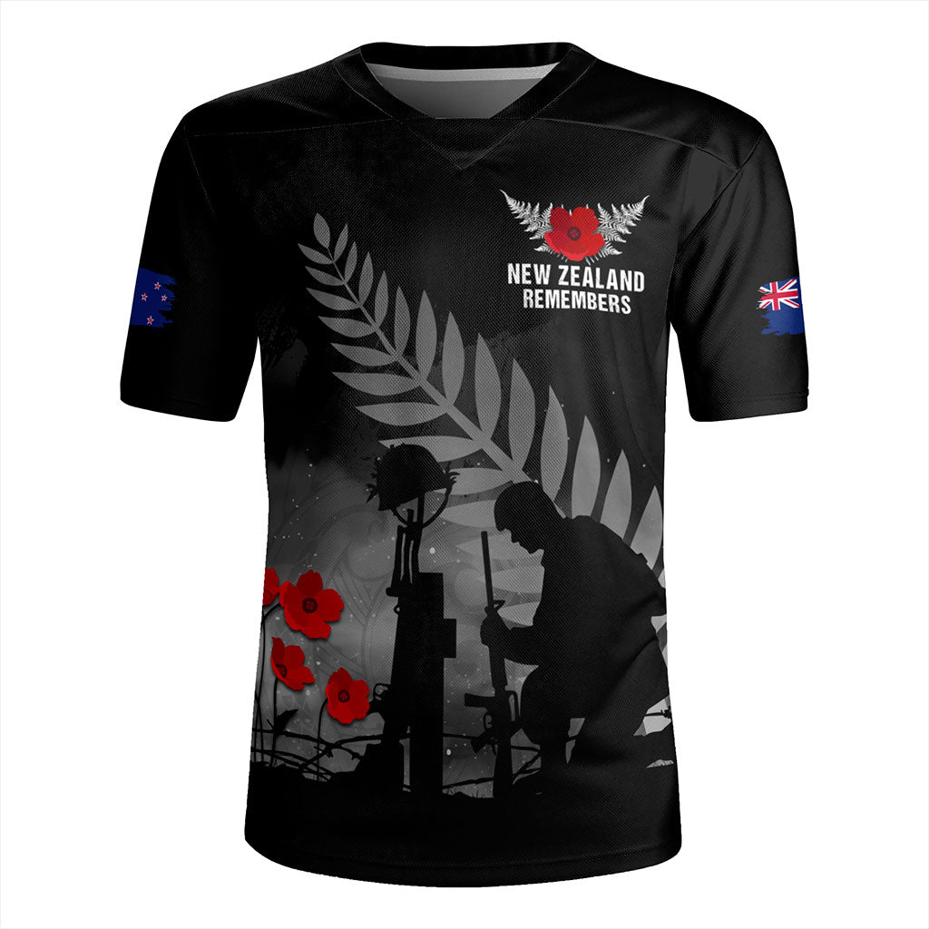 New Zealand Rugby Jersey Maori Silver Fern Poppy Flower Remembers