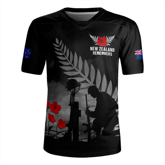 New Zealand Rugby Jersey Maori Silver Fern Poppy Flower Remembers
