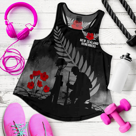 New Zealand Women Tank Maori Silver Fern Poppy Flower Remembers