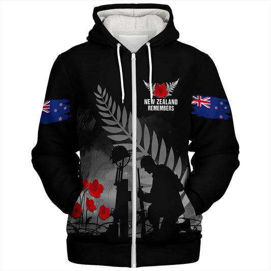New Zealand Sherpa Hoodie Maori Silver Fern Poppy Flower Remembers
