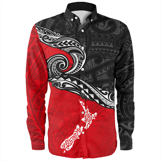 New Zealand Long Sleeve Shirt Maori Tribal Design Flag With Map